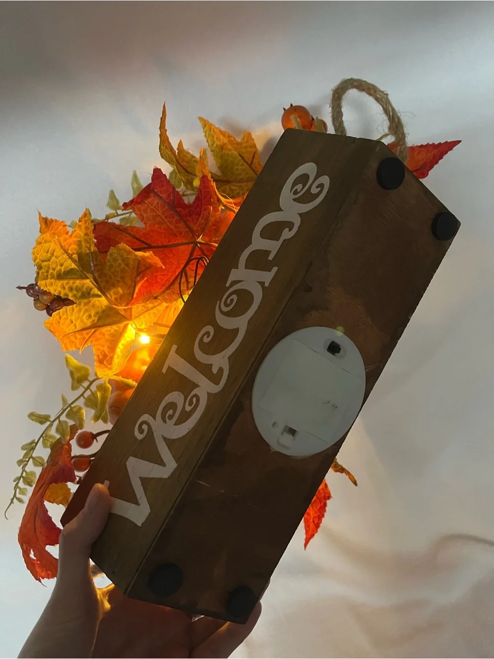 Welcome Centerpiece Box with Orange Fall Foliage and Lights
